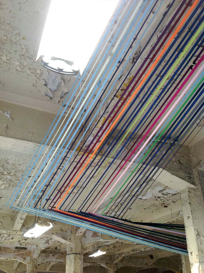 lodz design centrala proembrion spatial instalation ribbon textile architecture design exhibition colours tapes chains poland art