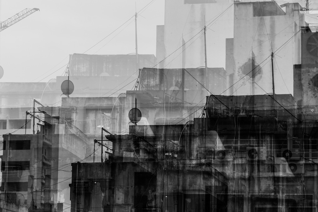 double exposure black and white angelobeaini city Beirut hamra