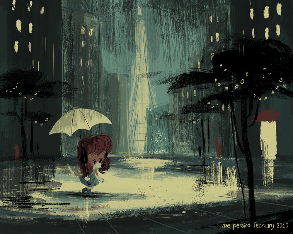 dog beagle girl cute rain city children's illustration