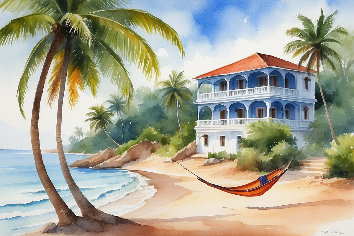 painting   watercolor ai leonardo ai Digital Art  digital illustration Goa Villa beach