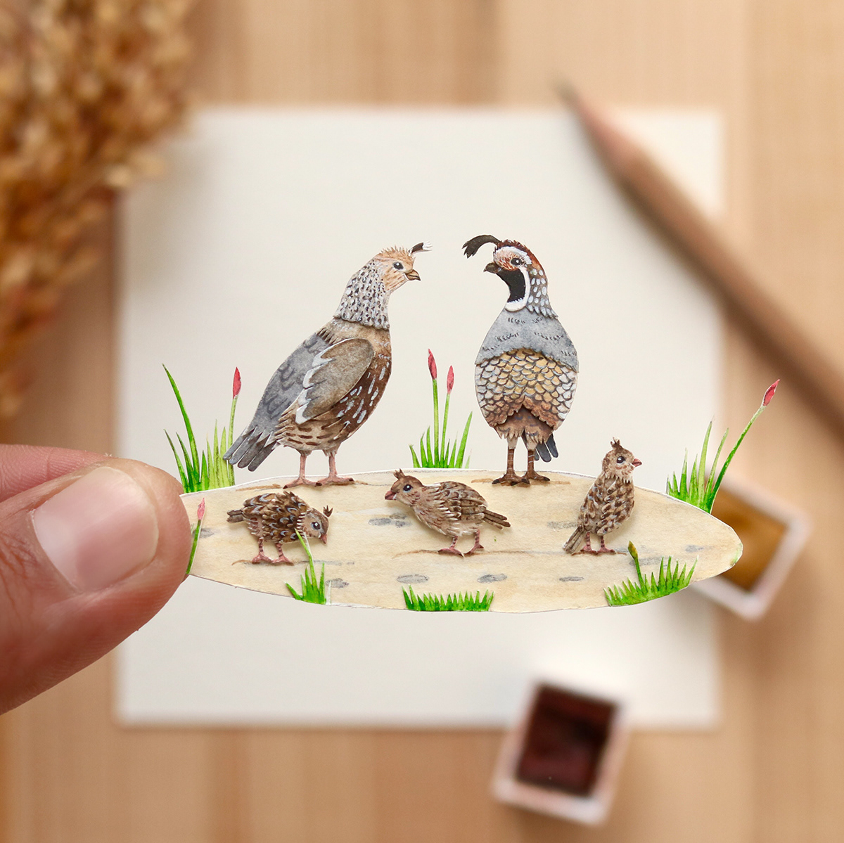 paperart lifestyle accsessories papercut Miniature bird art Wildlife Illustration watercolor miniature art Retail design Space design
