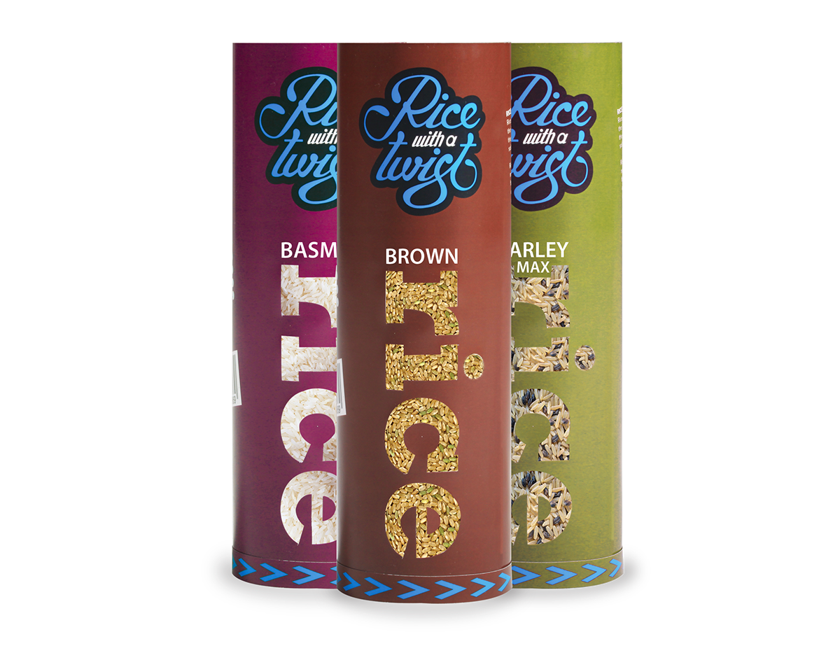 rice with a twis southern cross packaging awards Rice packaging design tube cardboard Australia  Surfers Paradise typography   graphic design  brown rice Basmati RIce  Barley mix Creative Solution Before and After