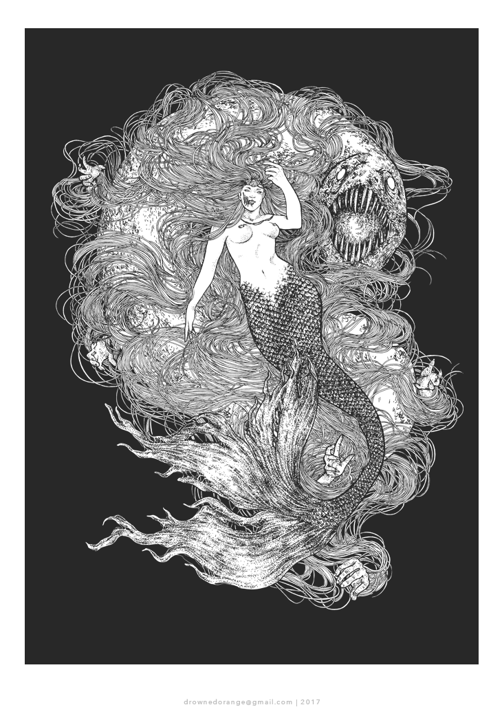 ILLUSTRATION  mythology mermaid Heavy metal Drawing  black lineart linework