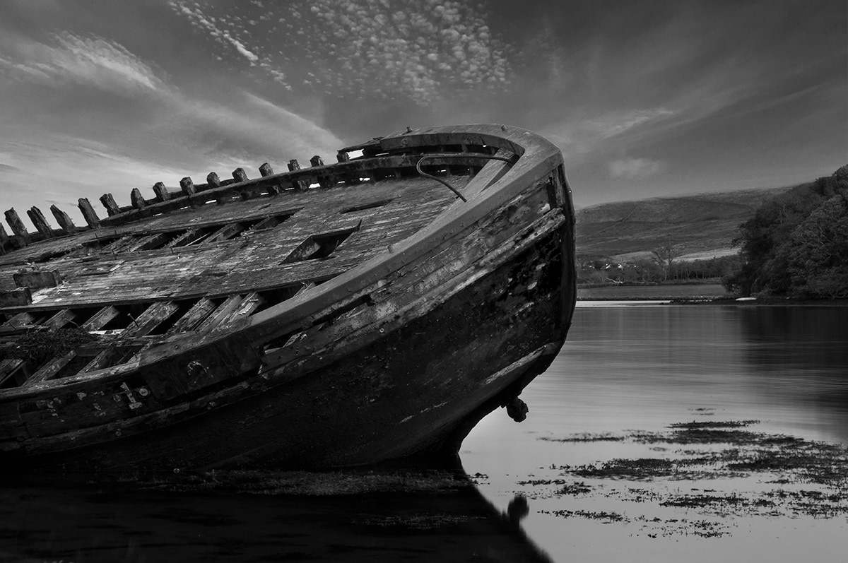Shipwreck Boats fishing black and white water sea Co kerry Ireland Dingle old Landscape seascape