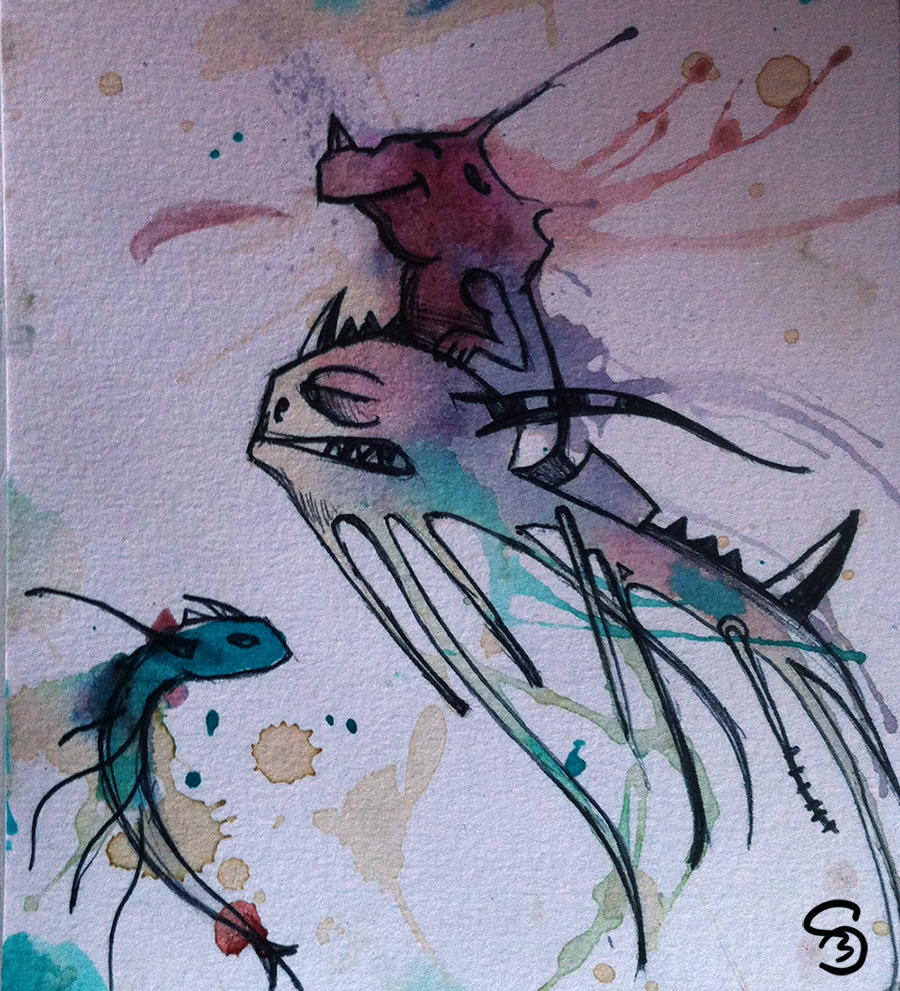 creature hybride Licorne dragon fantastique aquarelle watercolor