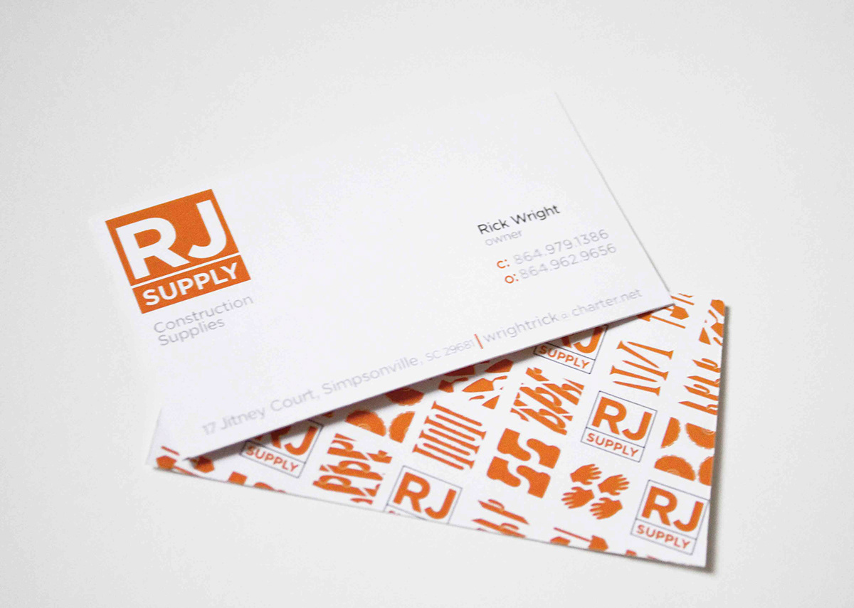 supply rj supply orange tools construction Catalogue pattern logo RJ print business card