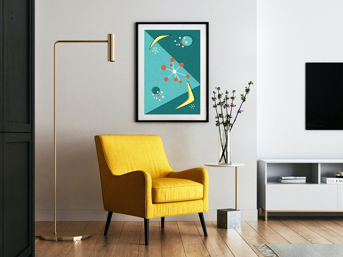 1950s and 60s Atomic Age Inspired Poster in Living Room