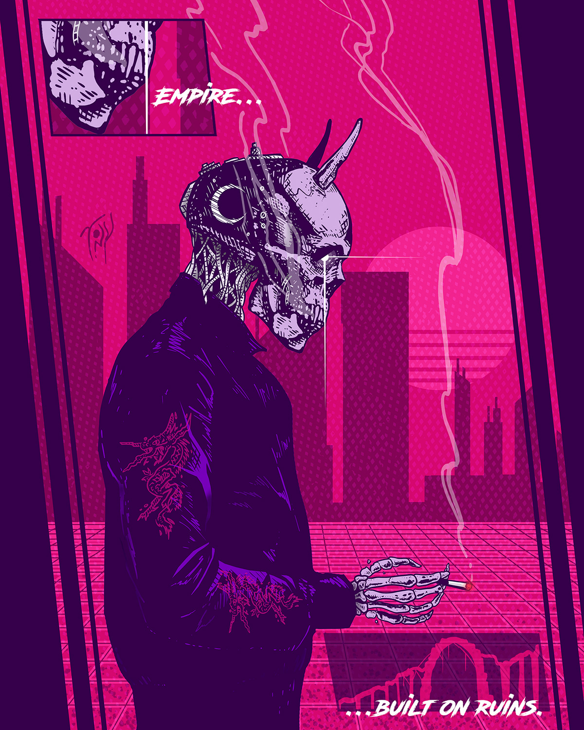 Cyberpunk dark art ILLUSTRATION  neon Retro Futurism retrowave robot sad vibes skull Synthwave