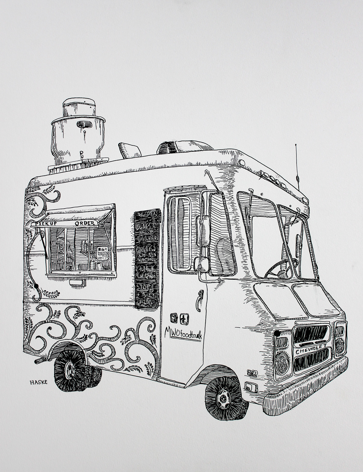 penandink watercolor workhorses Food truck Truck