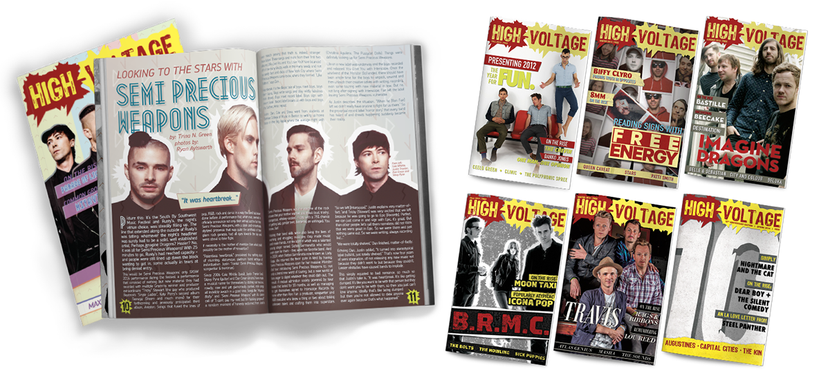 magazine High Voltage Magazine high voltage Layout Design art Music magazine articles article layout Los Angeles hollywood music business Fun Imagine Dragons brmc