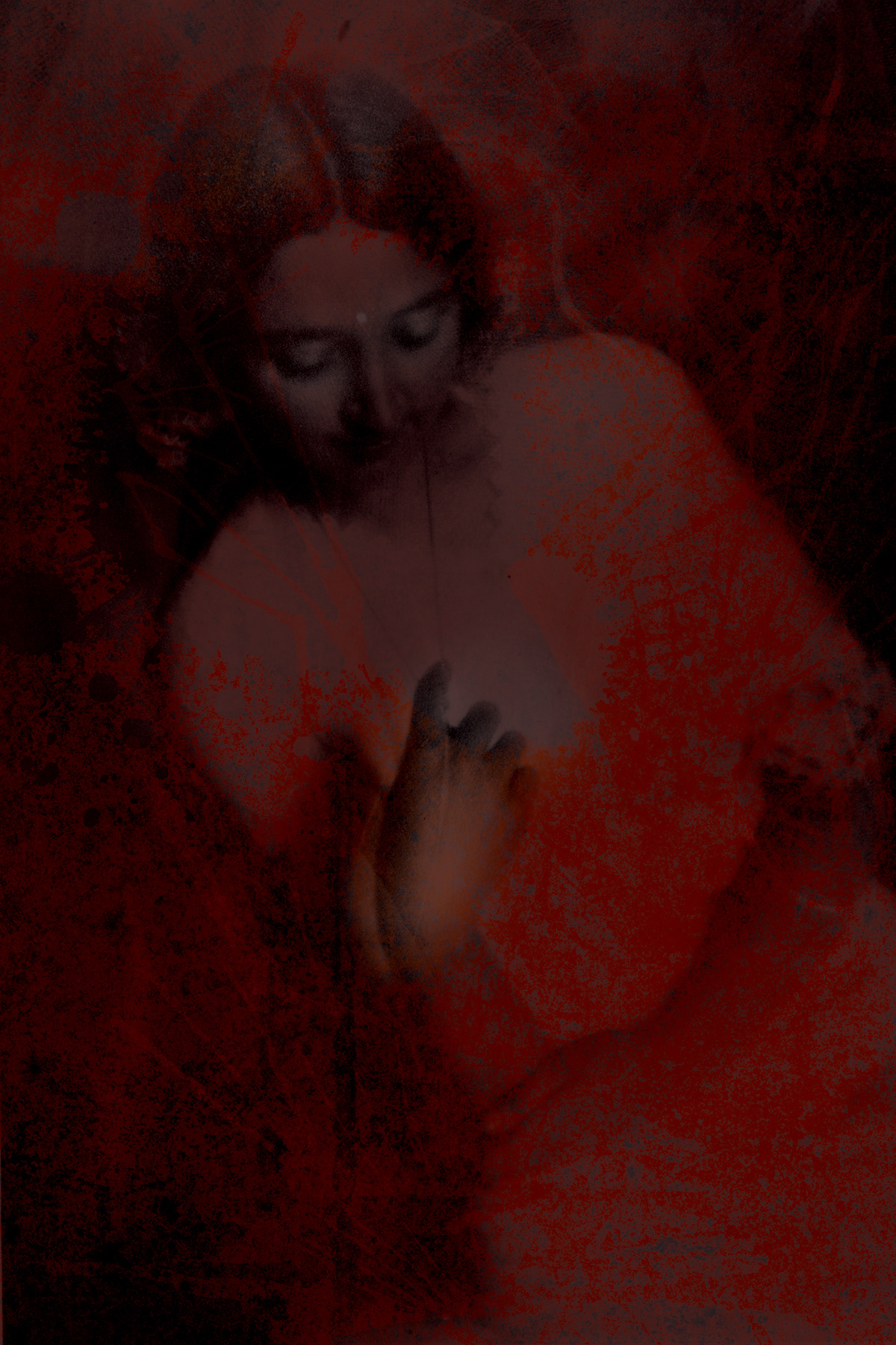 woman seated portrait red texture dark abstract painterly