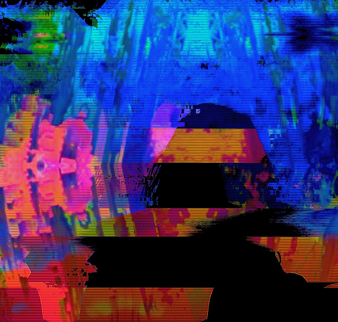 hard glitched composition with kaleidoscopic patterns and someone seen from the back