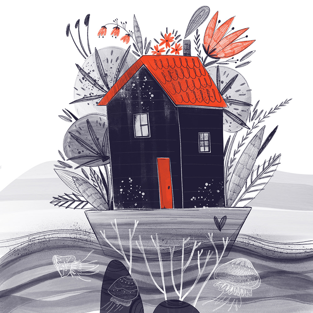 Digital illustration, picture book, art, floral, home, boat, jellyfish, roof, sea