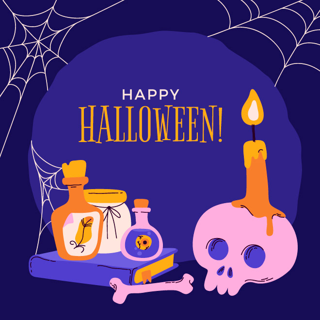 Halloween illustration featuring a skull, a burning candle and jars with spooky contents.