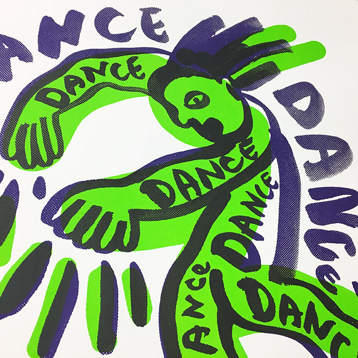 printmaking poster DANCE   Human Figure lettering type green silkscreen print