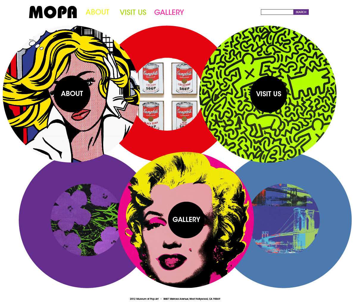 Pop Art mopa museum circles Website colorful cool Andy Warhol roy lichtenstein gallery HTML