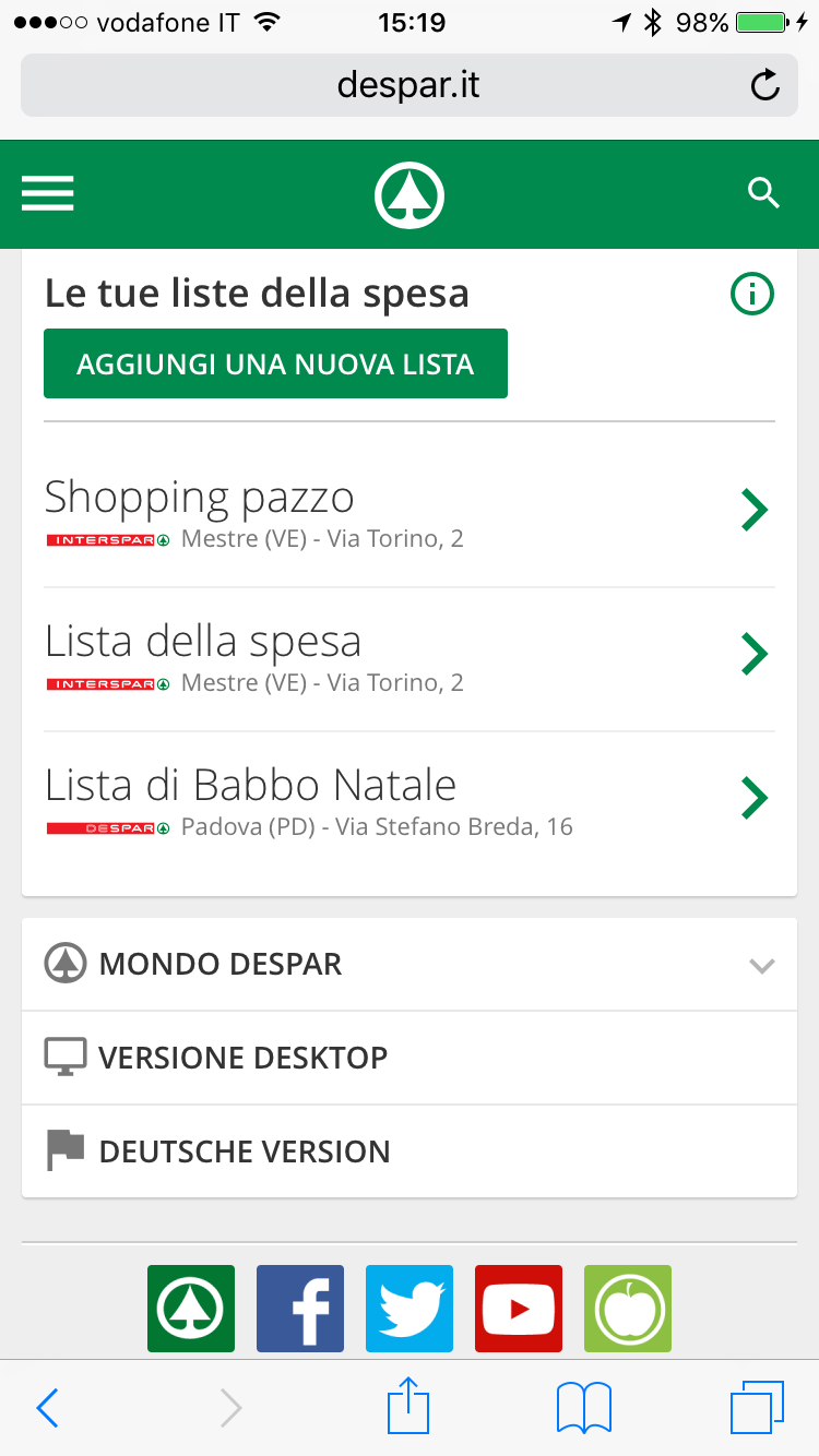 despar mobile Website shopping list lista della spesa GDO Retail piatto unico recepies