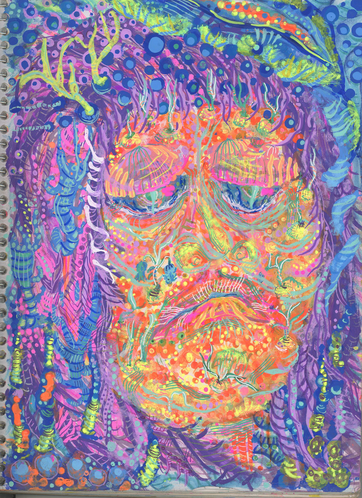 Colorful acrylic painting of abstract face overgrown with plant-like entities, mixed media also used