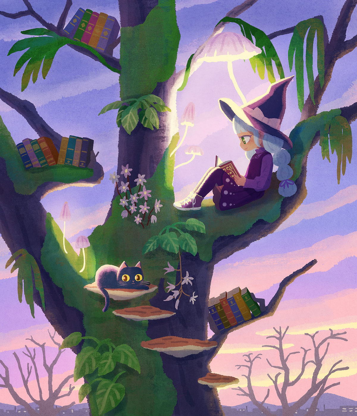 Cat Character design  Child art children's book concept art cozy digital illustration fantasy Tree  witch
