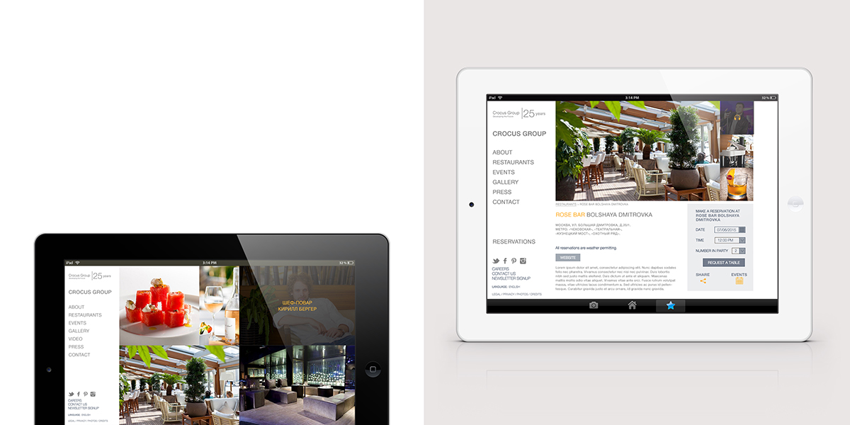 restaurant hotels Responsive tablet app Russia Moscow Hospitality tourism luxury construction development