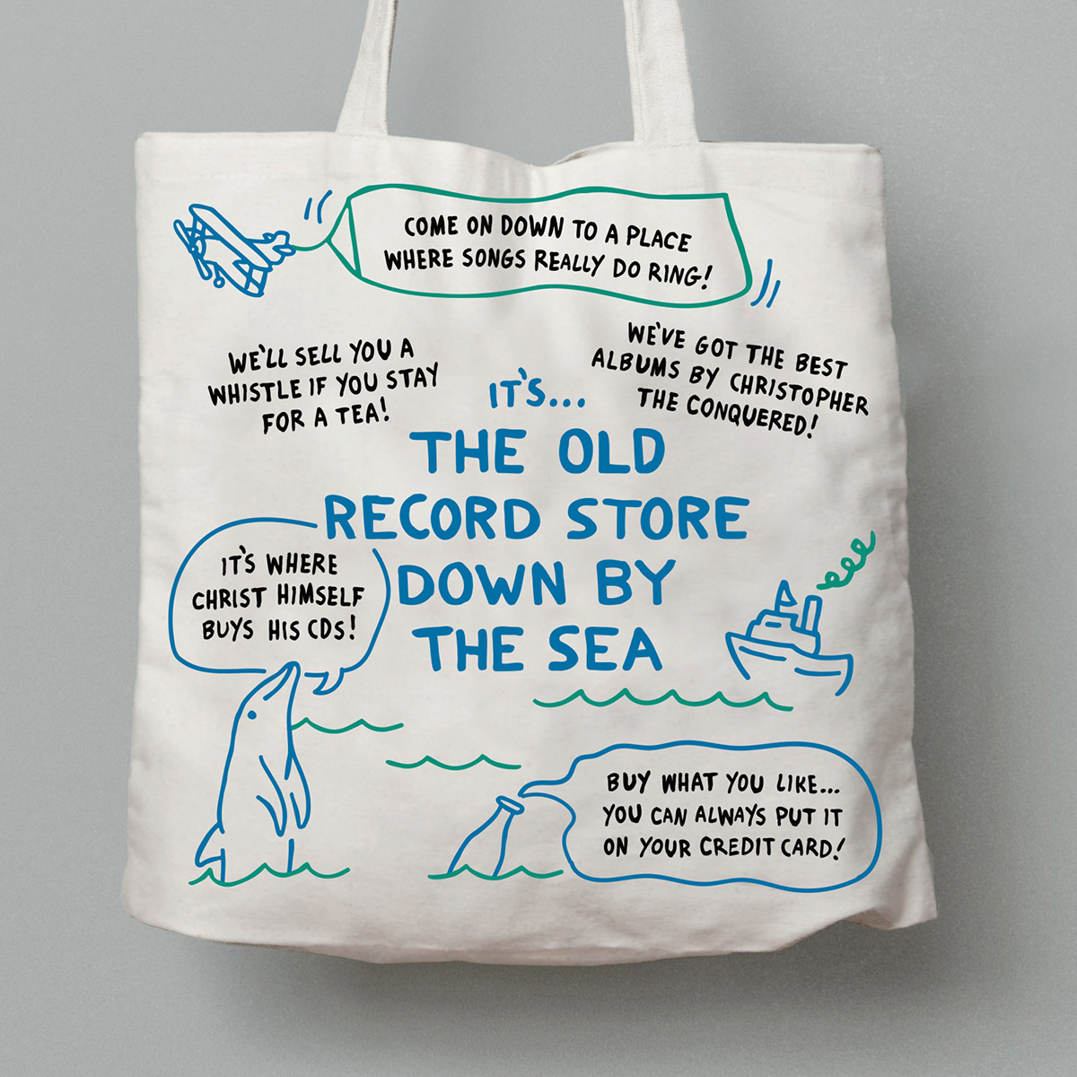 Album boat dolphin graphic design  ILLUSTRATION  music record store sea Tote Bag type