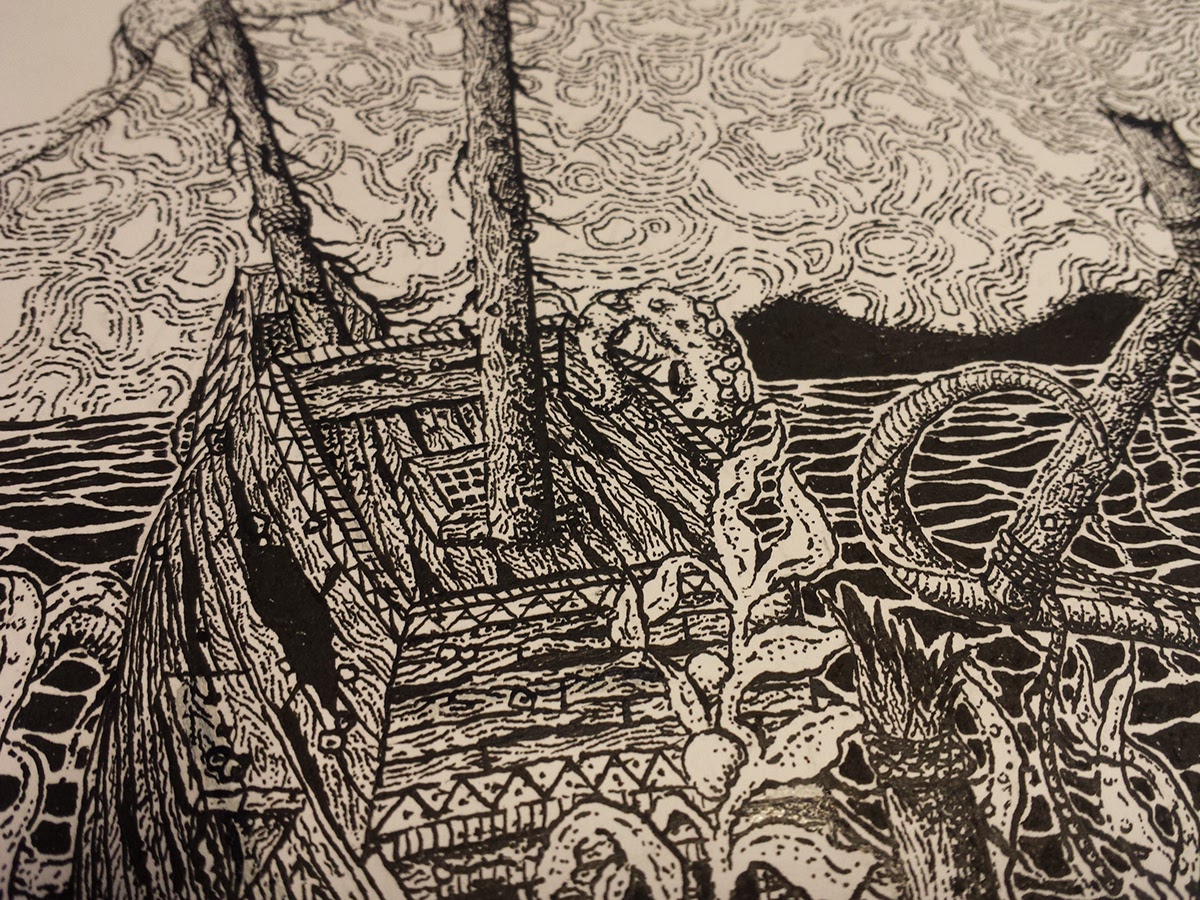ILLUSTRATION  Pen&Ink ink stippling dots boat ship tentacles book cover sea