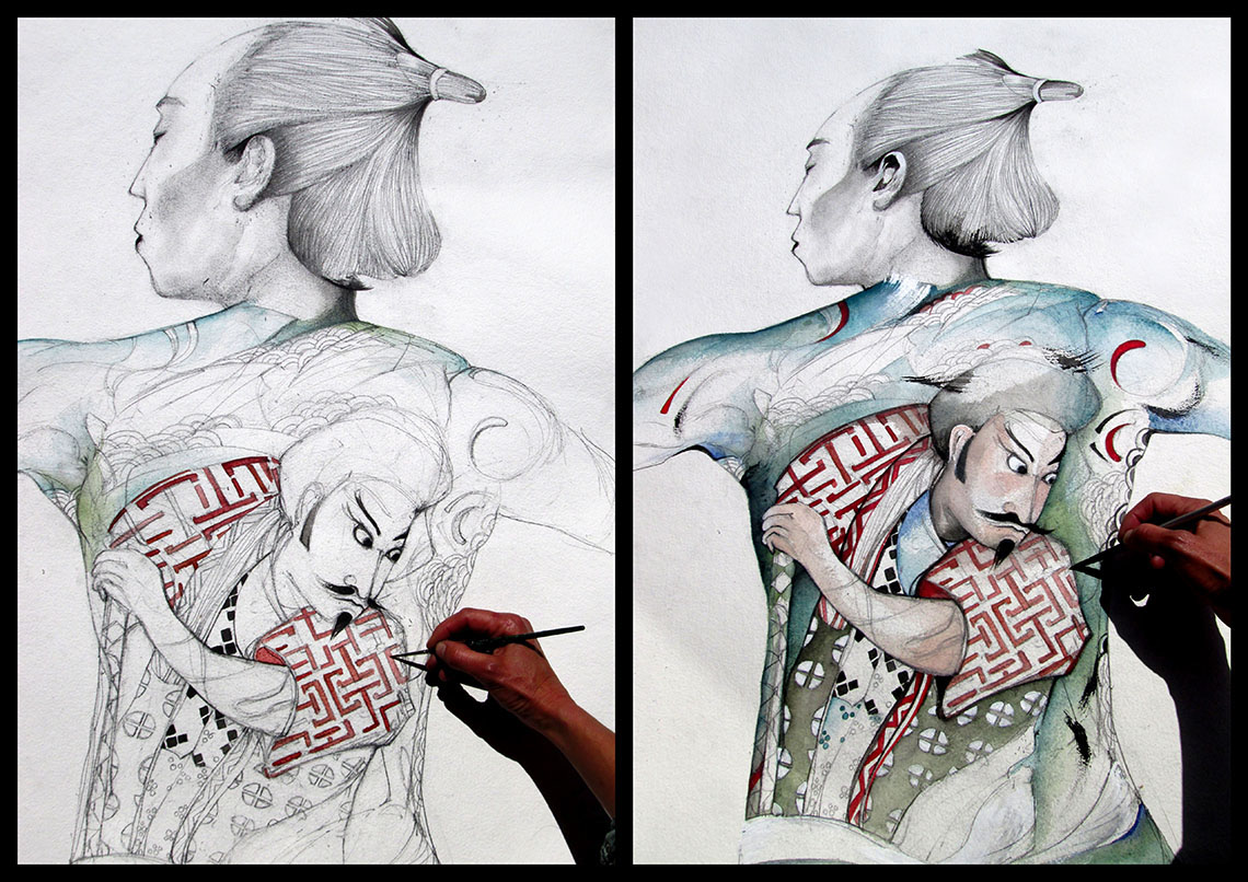 paint mixedmedia paper creative graphic design samourai watercolor irezumi tattoo art draw