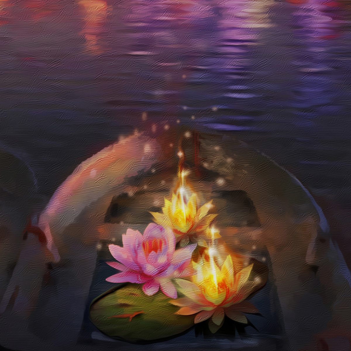 Digital Art  fairy lilies flaming lilies magic moon Night landscape night lights reflections in the water sinking boats surreal theatrical scenery