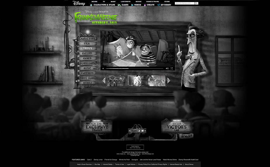 disney  burton Website Theatrical Frankenweenie animate Monochromatic site HTML iPad iphone mobile Web Responsive