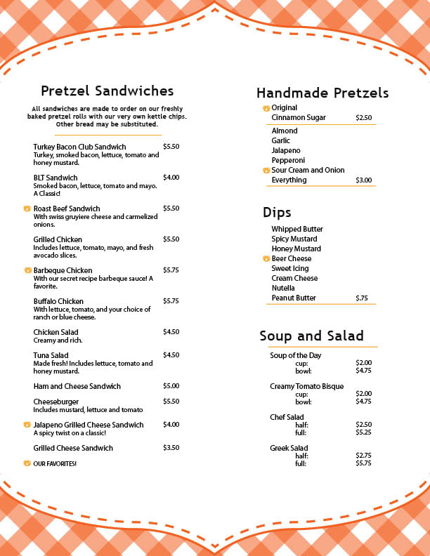 menu sandwich  pretzel