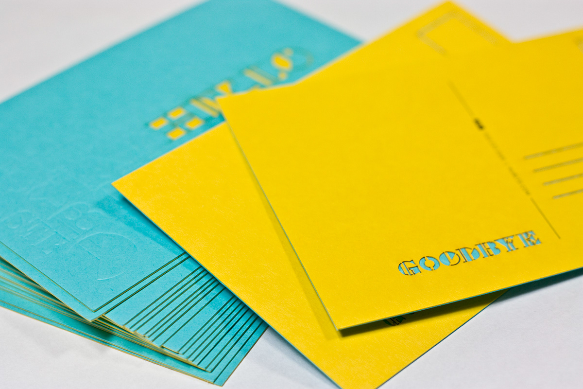 hello postcard blue yellow custom typography hub collective goodbye debossed laser cut Duplexed