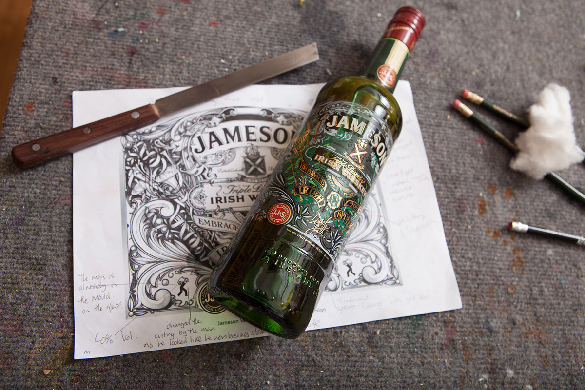 David Smith Jameson Whiskey lebal product designing Illustrator design ornate glass