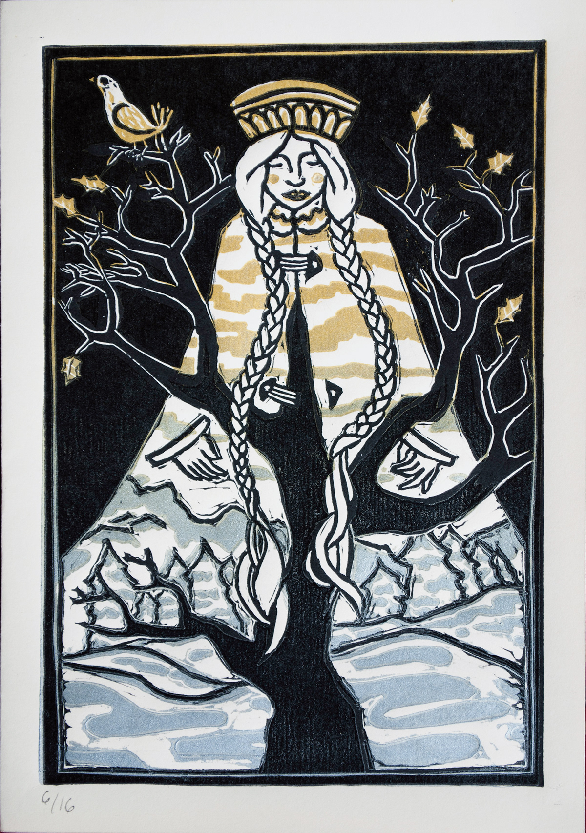 winter Christmas cards greetings girl snow trees Birs print printmaking linocut linoleum colors Slavic