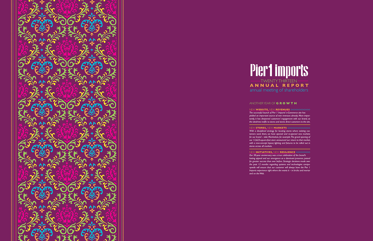 Pier One Imports annual report corporate design book purple Ethnic imported furniture decor store brand