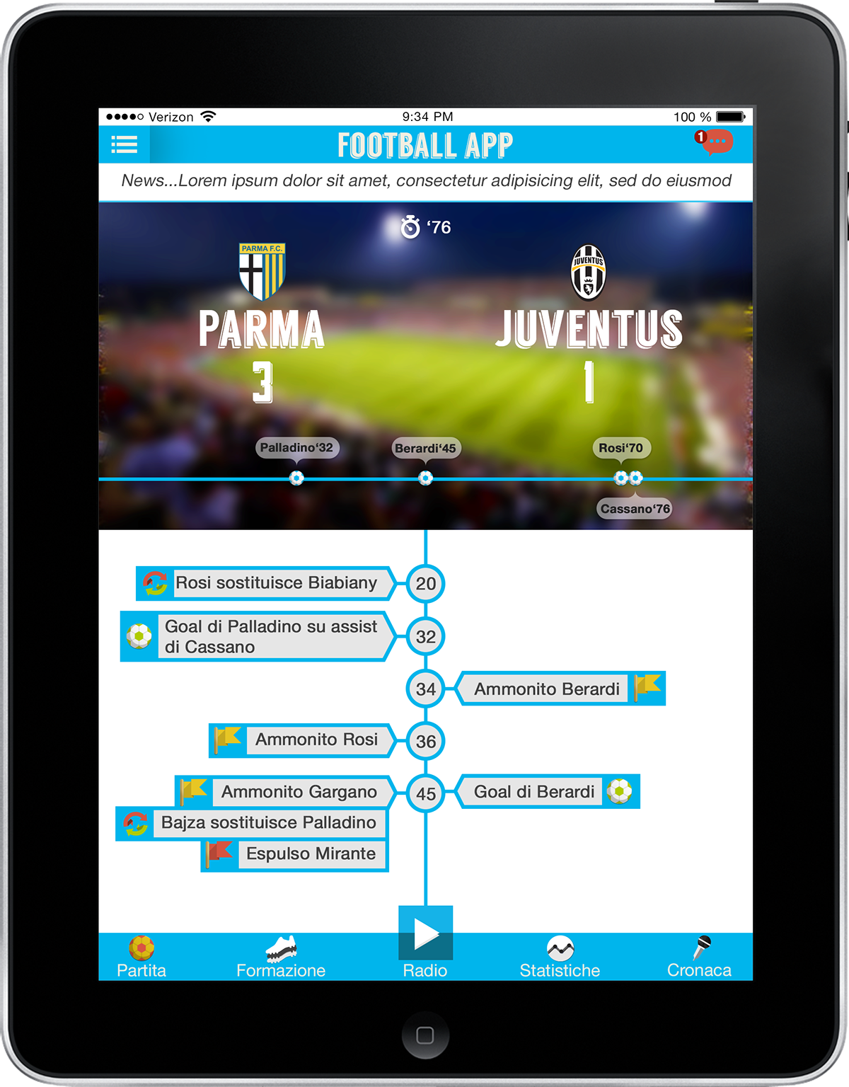 football soccer green blu timeline iPad ios tablet application match