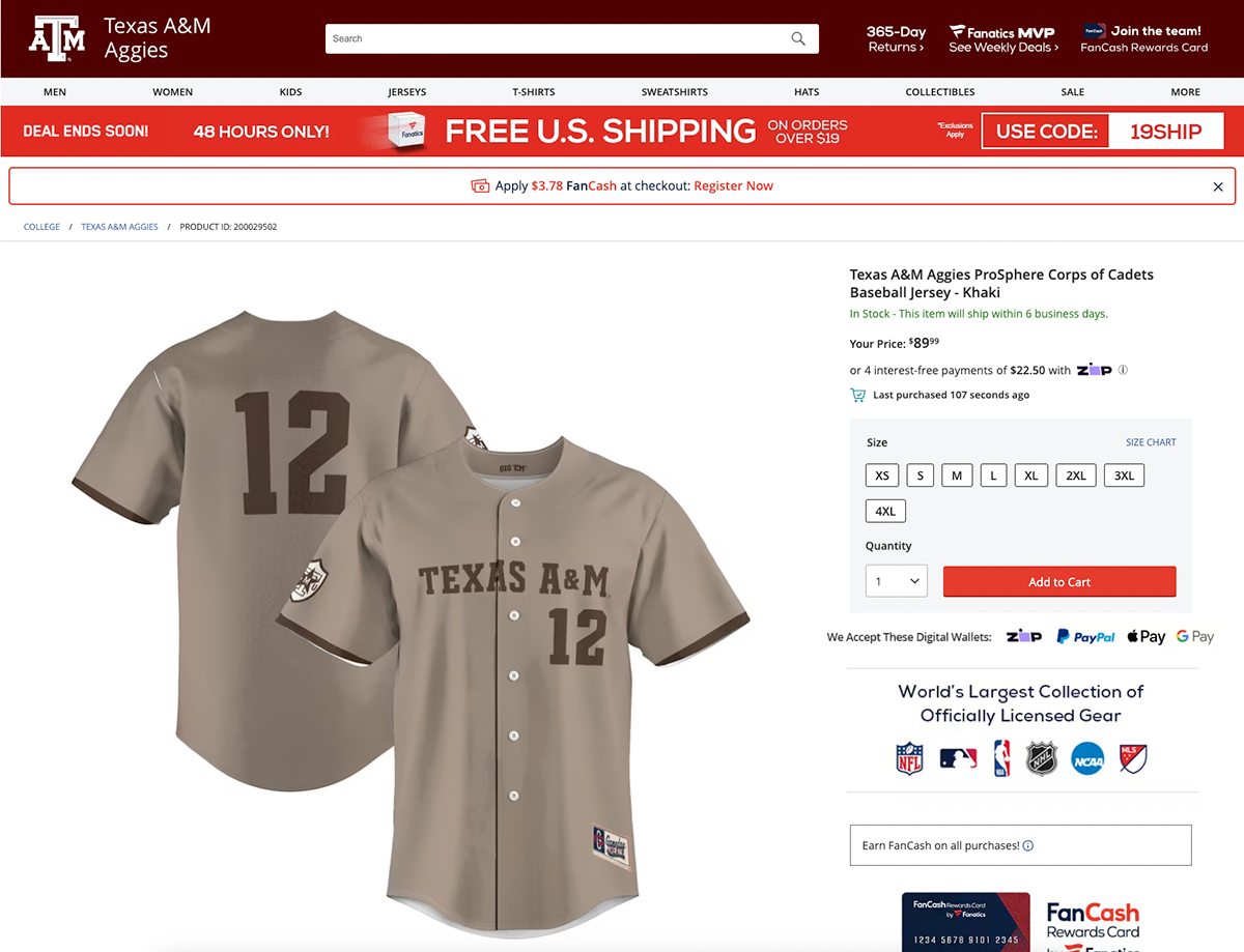A&M baseball college Corps of Cadets jersey NCAA texas Aggies fanatics