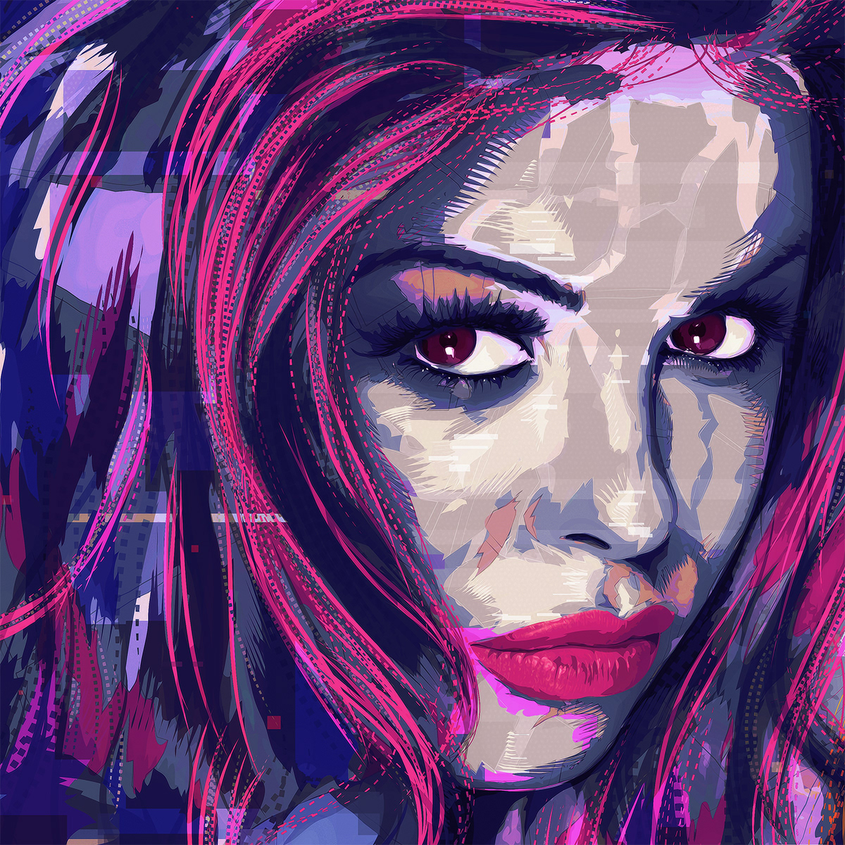 portrait vector print poster woman beauty neon Glitch eye hair
