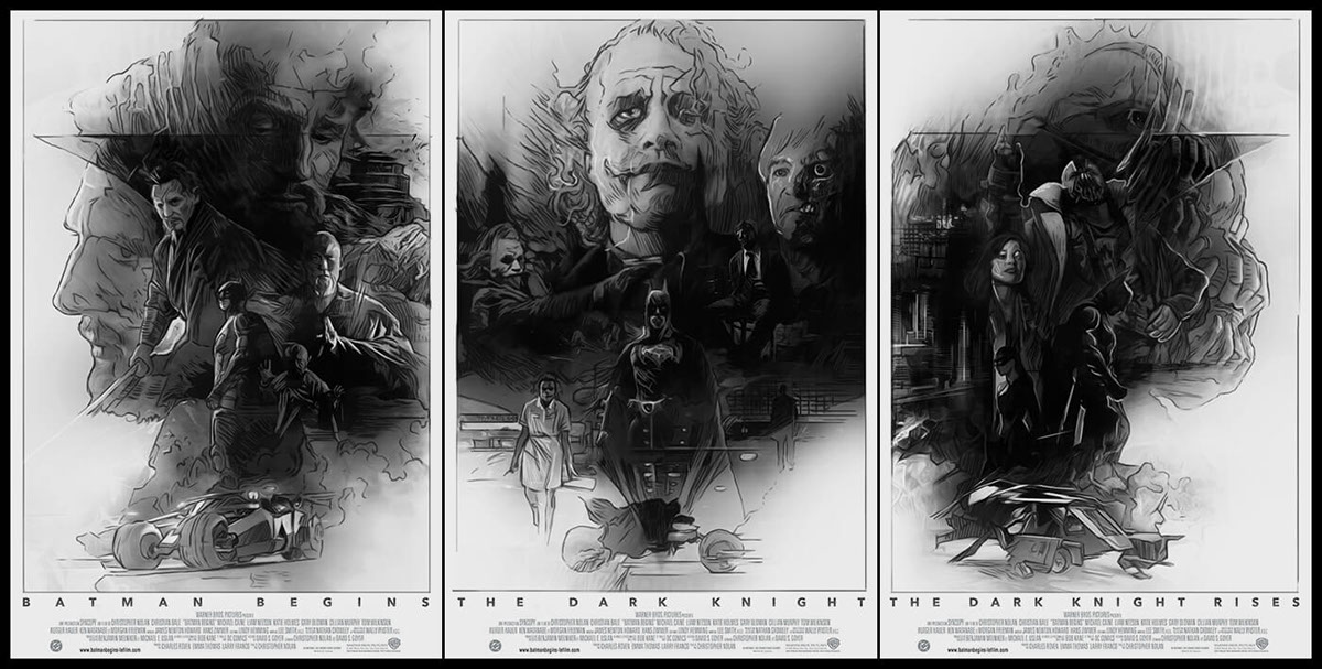 batman nolan screen print poster StudioKxx trilogy black & white batman begins THE DARK KNIGHT The Dark Knight Rise