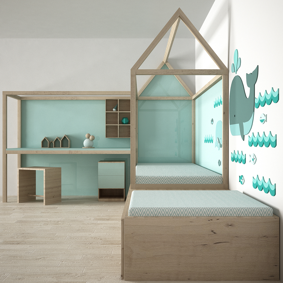 3D model child children bed desk decor Scandinavian minimal toy bedroom