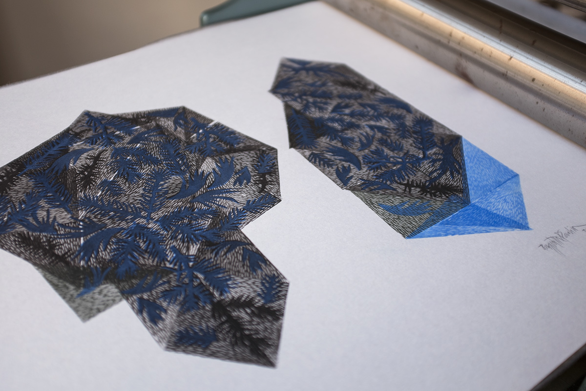 Geometric Art Geo Art abstract linocut linocut monotype printmaking Paulina varregn ultramarine floral botanical Flowers shapes New Geometry