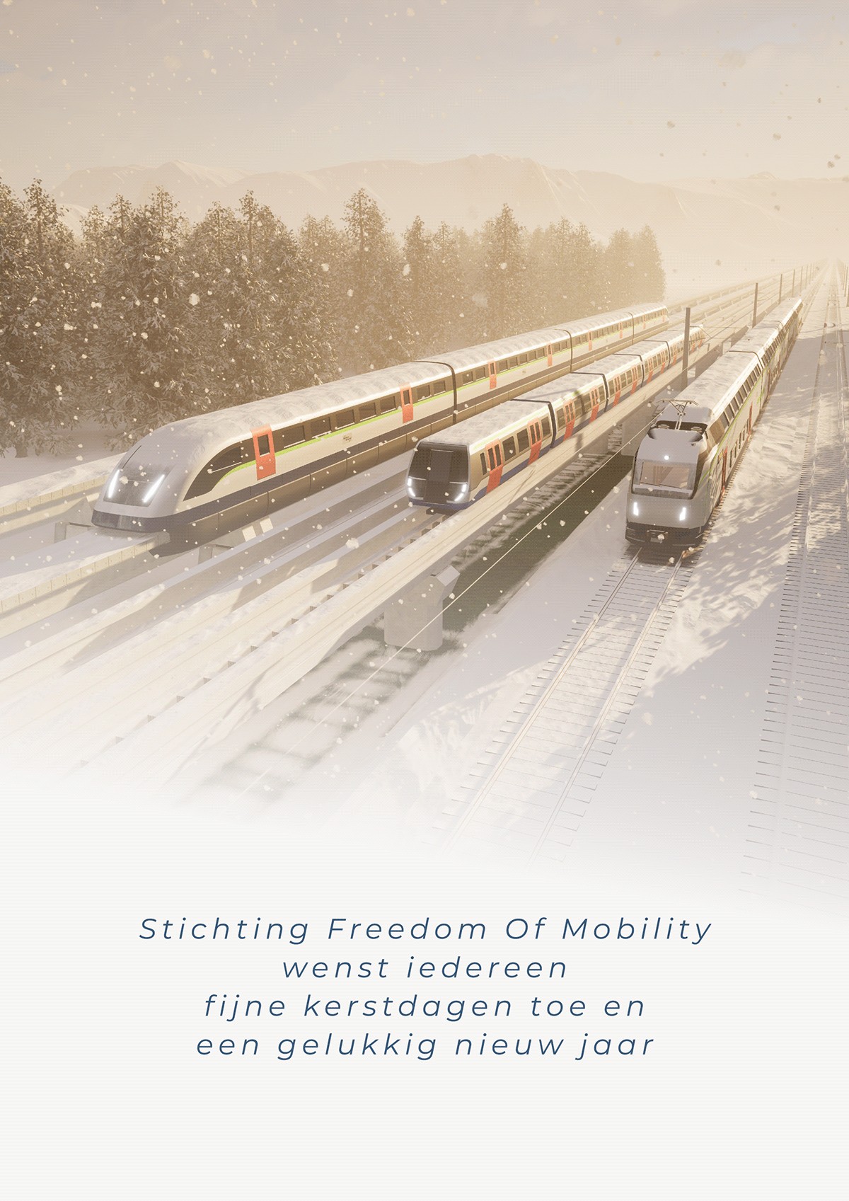 Two maglev trains and one regular train in a snowy landscape in the early morning