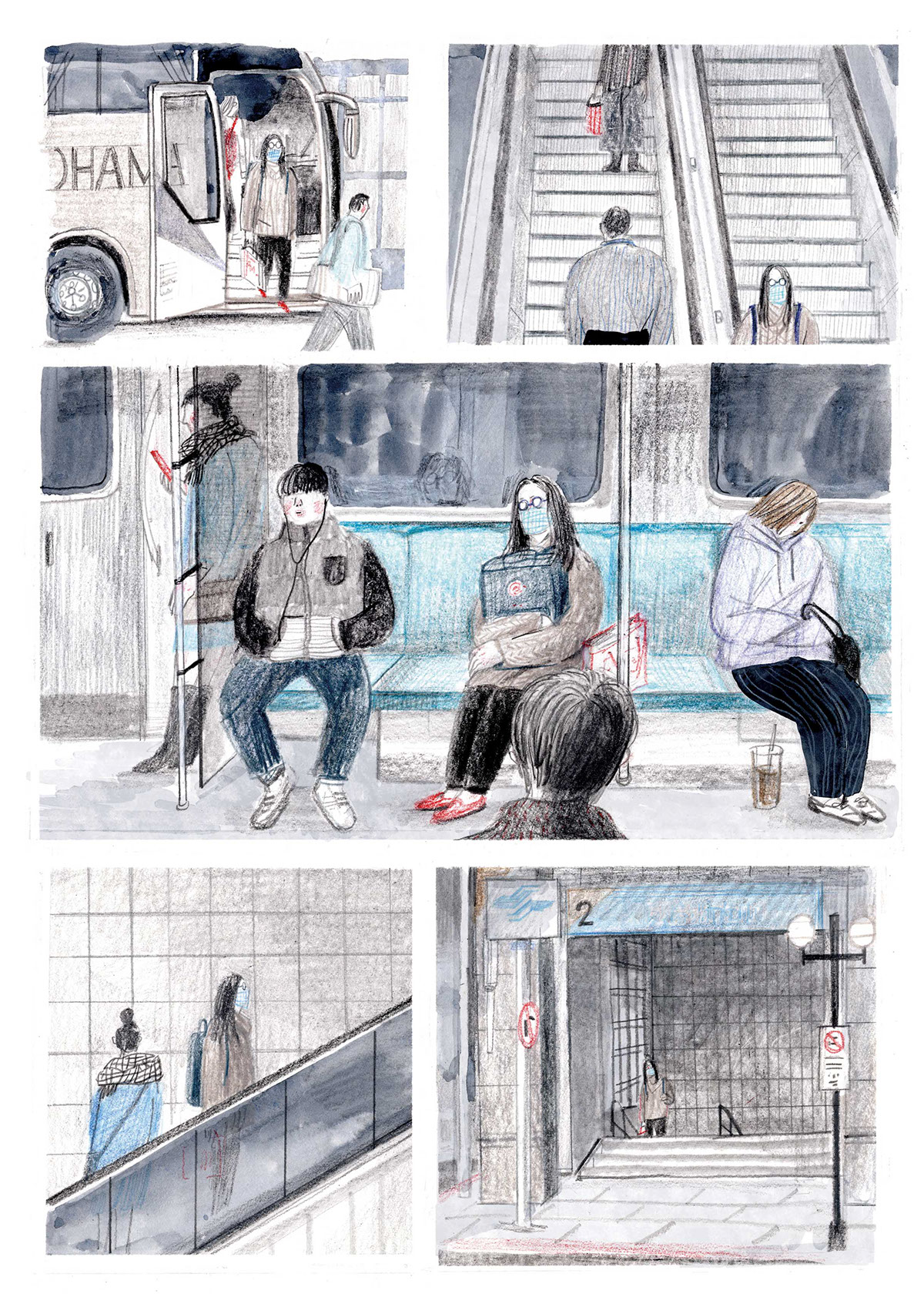 Cat home metro comic ILLUSTRATION  pencildrawing ColorPencil nightbus artwork woman