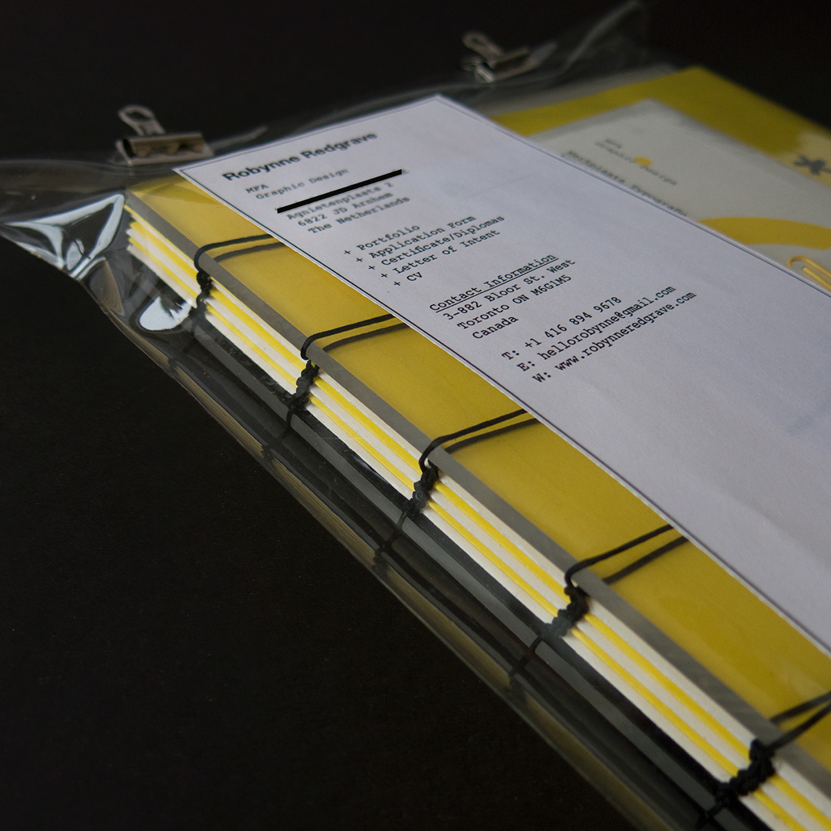 portfolio mailer portfolio package mailer application Bookbinding acrylic cover type yellow envelope CV Resume Documents packaging design