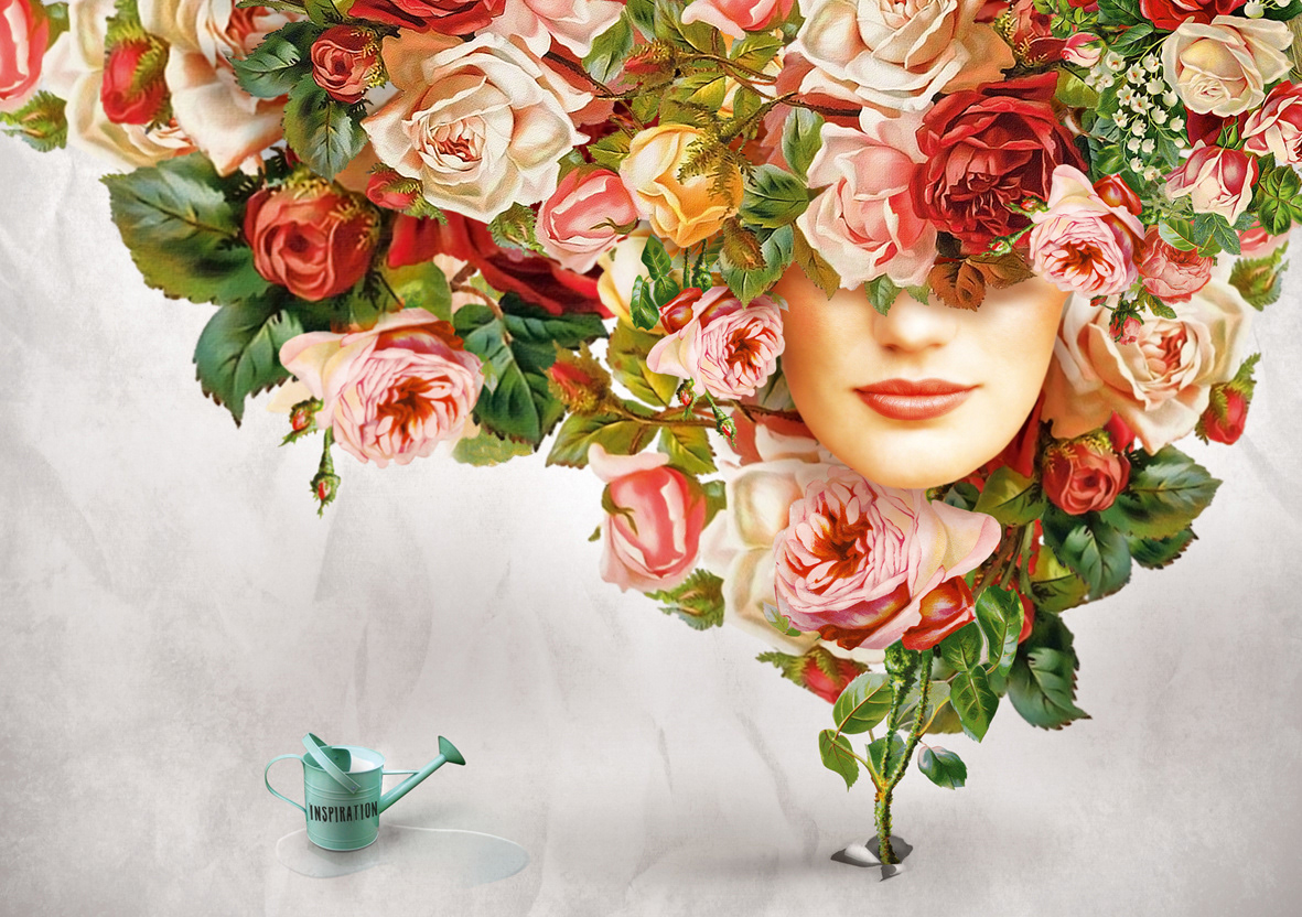 idea inspiration Flowers Roses paper watering can Plant face smile feminine lips abstract surrealism