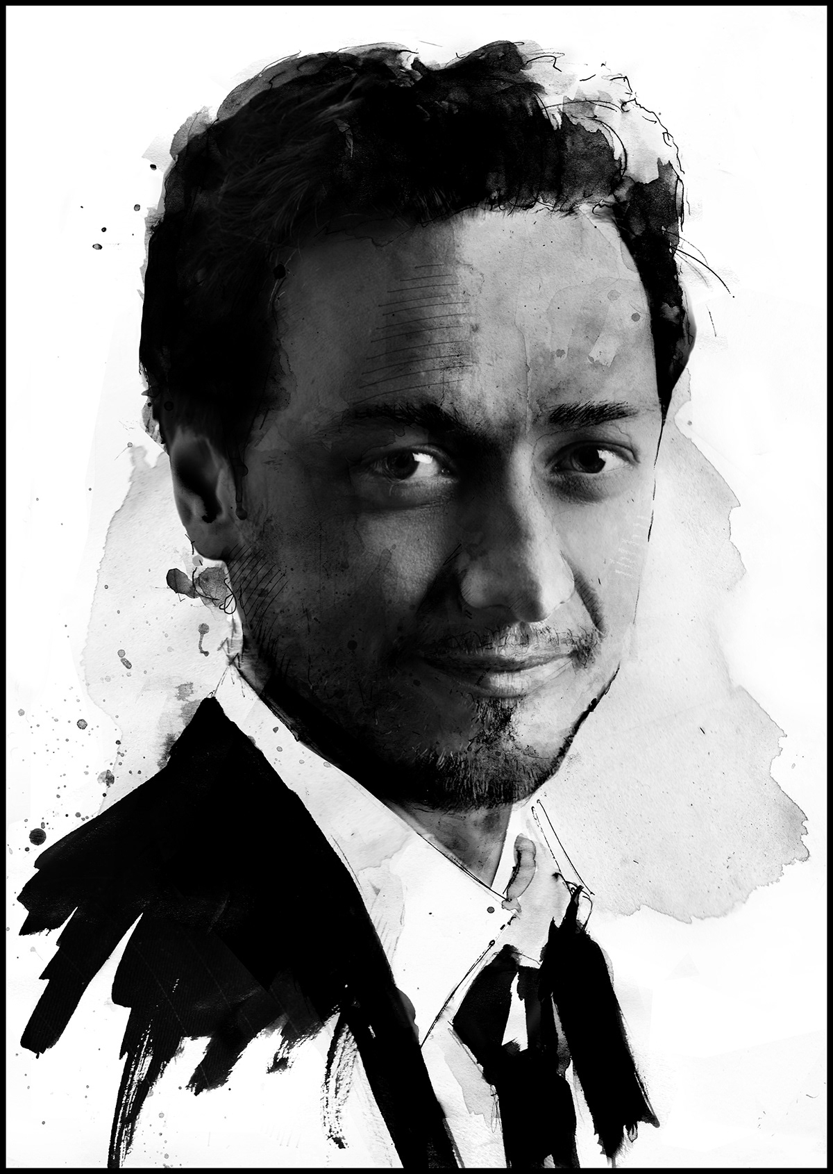 ink Squid watercolour tradigital portrait black and white famous illustrations digital mixed media robert downey jr james mcavoy