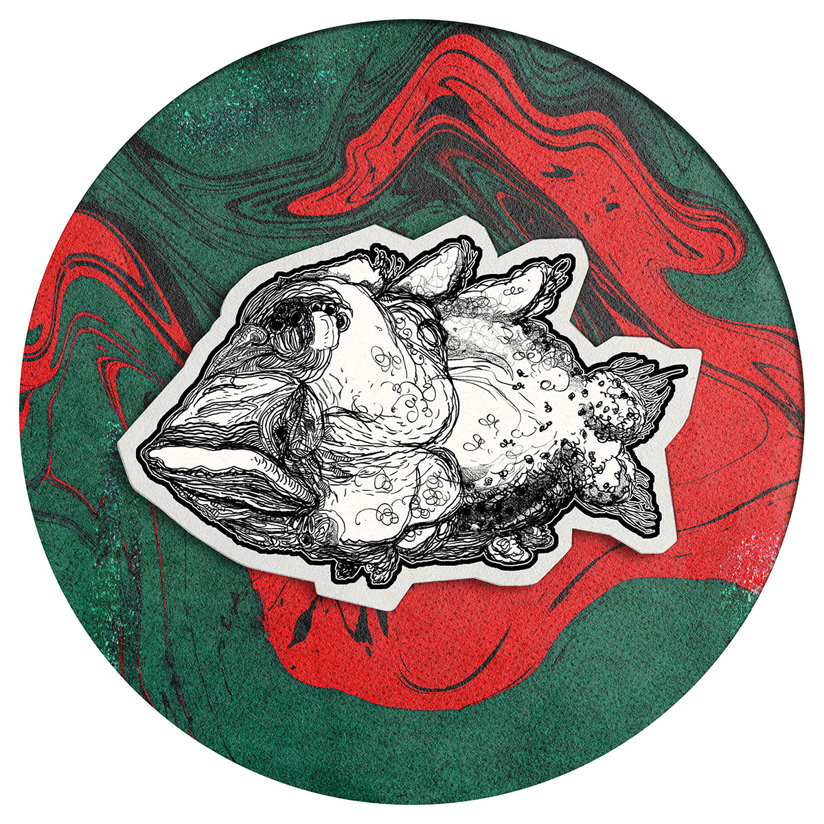 Peculiar fish drawn with intricate graphite lines and patterns placed on a psychedelic liquid circle