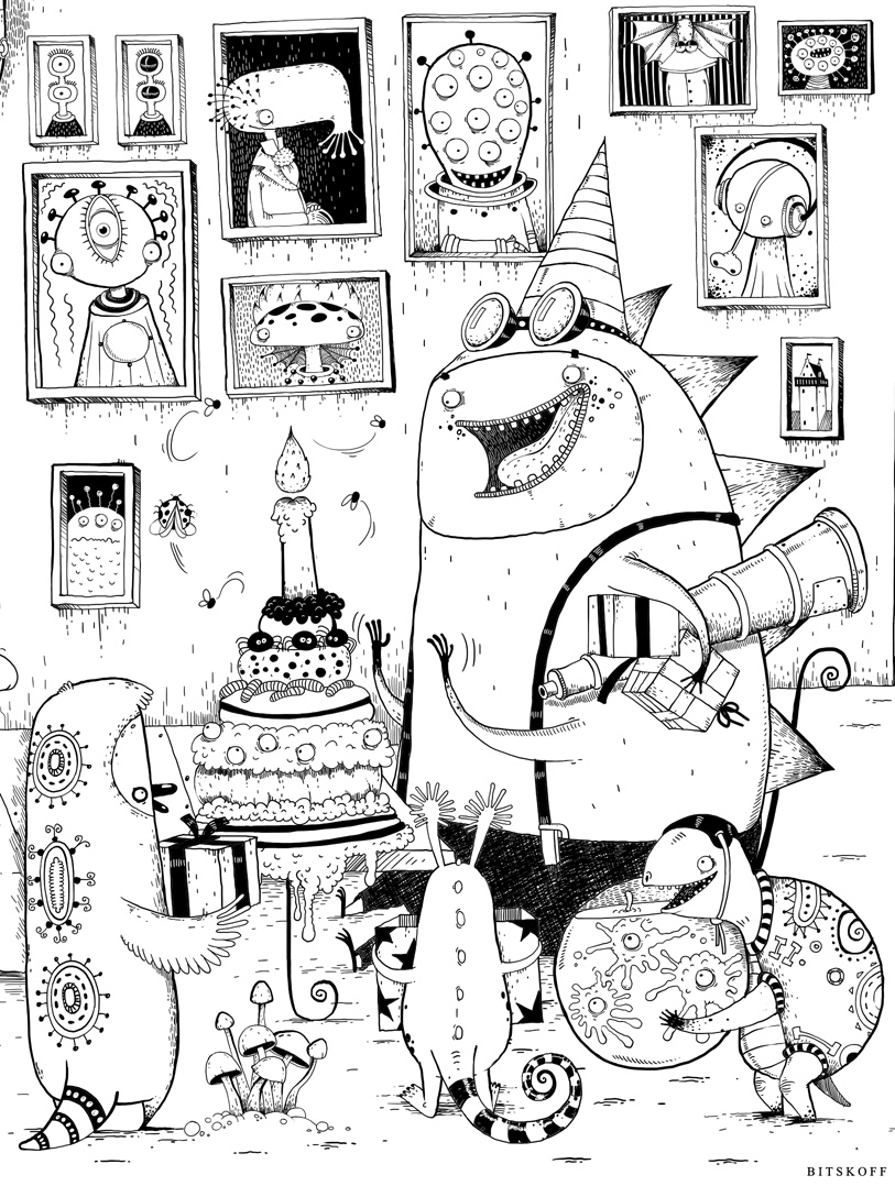 pictura monsters party Fun kids Mushrooms happy birthday band art color ink