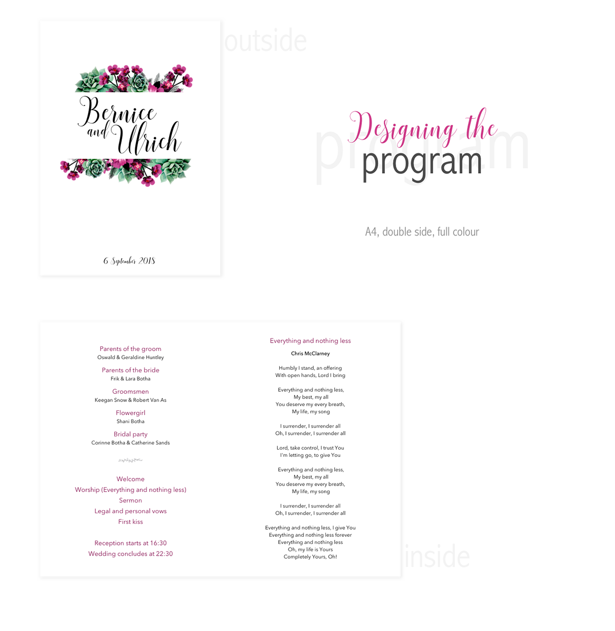 wedding stationary menu Program seating chart floral Succulents Invitation name tags decor