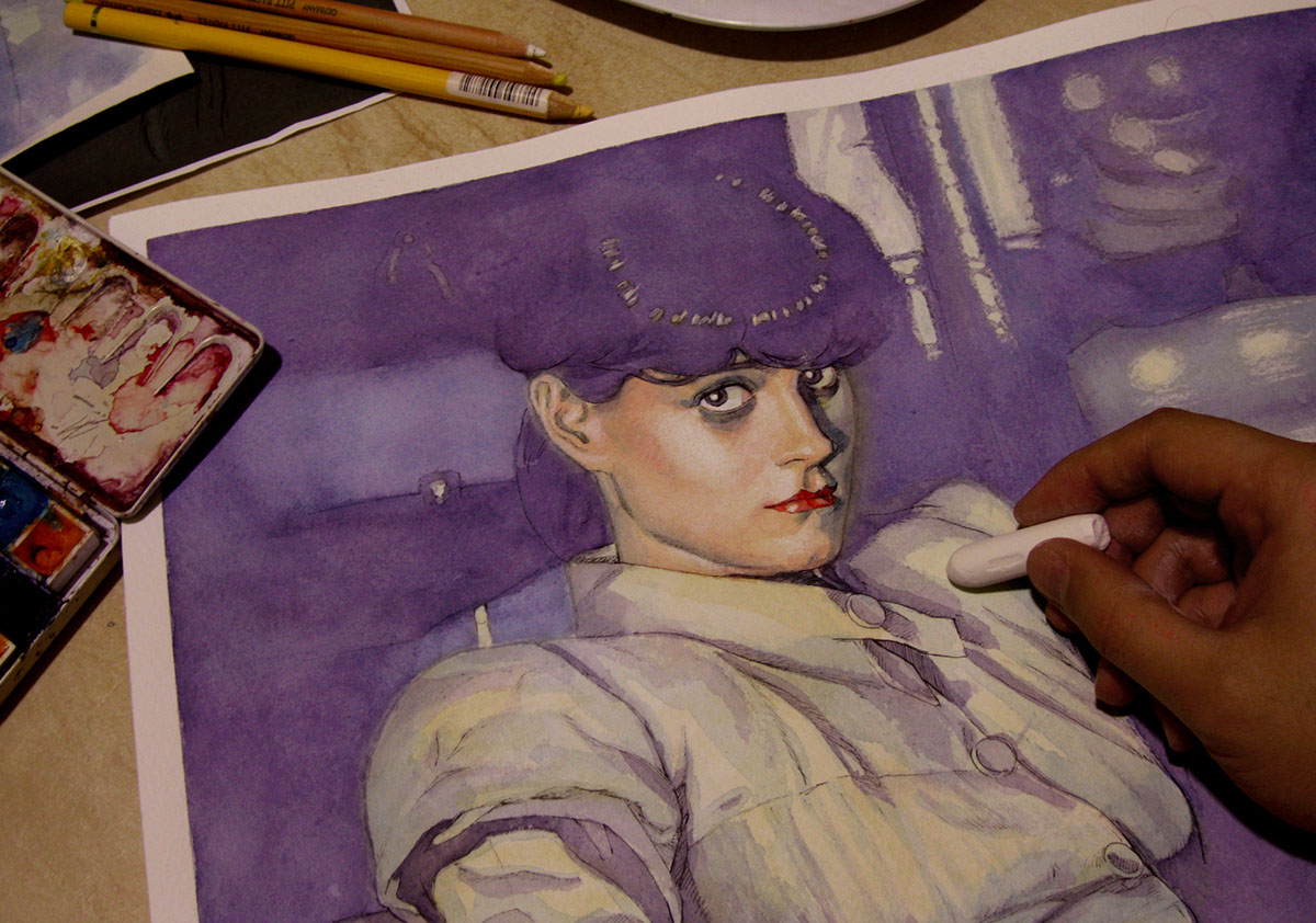 portrait illust fanart rachael Bladerunner movie watercolor ink inking water colour traditional analog Realism