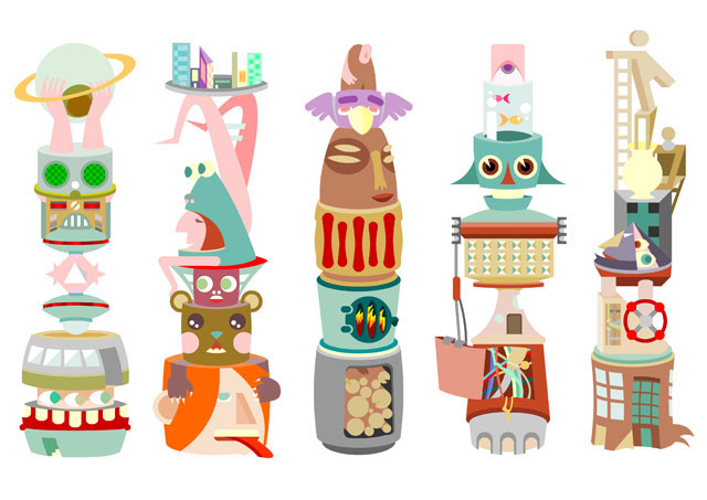 Totem totems characters robot Tiki tribal planet UFO fishes bookmark
